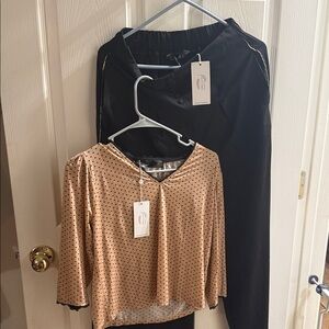 Ever Pretty Black Pants with Tan Polka Dot Blouse